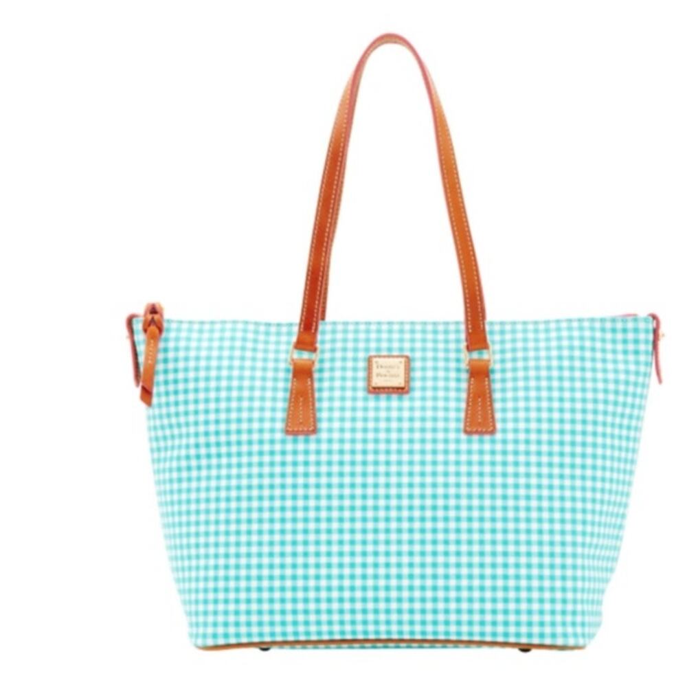 NEW Dooney & Bourke Sena Sea Foam Gingham Leather Zip Top Shopper Shoulder Bag